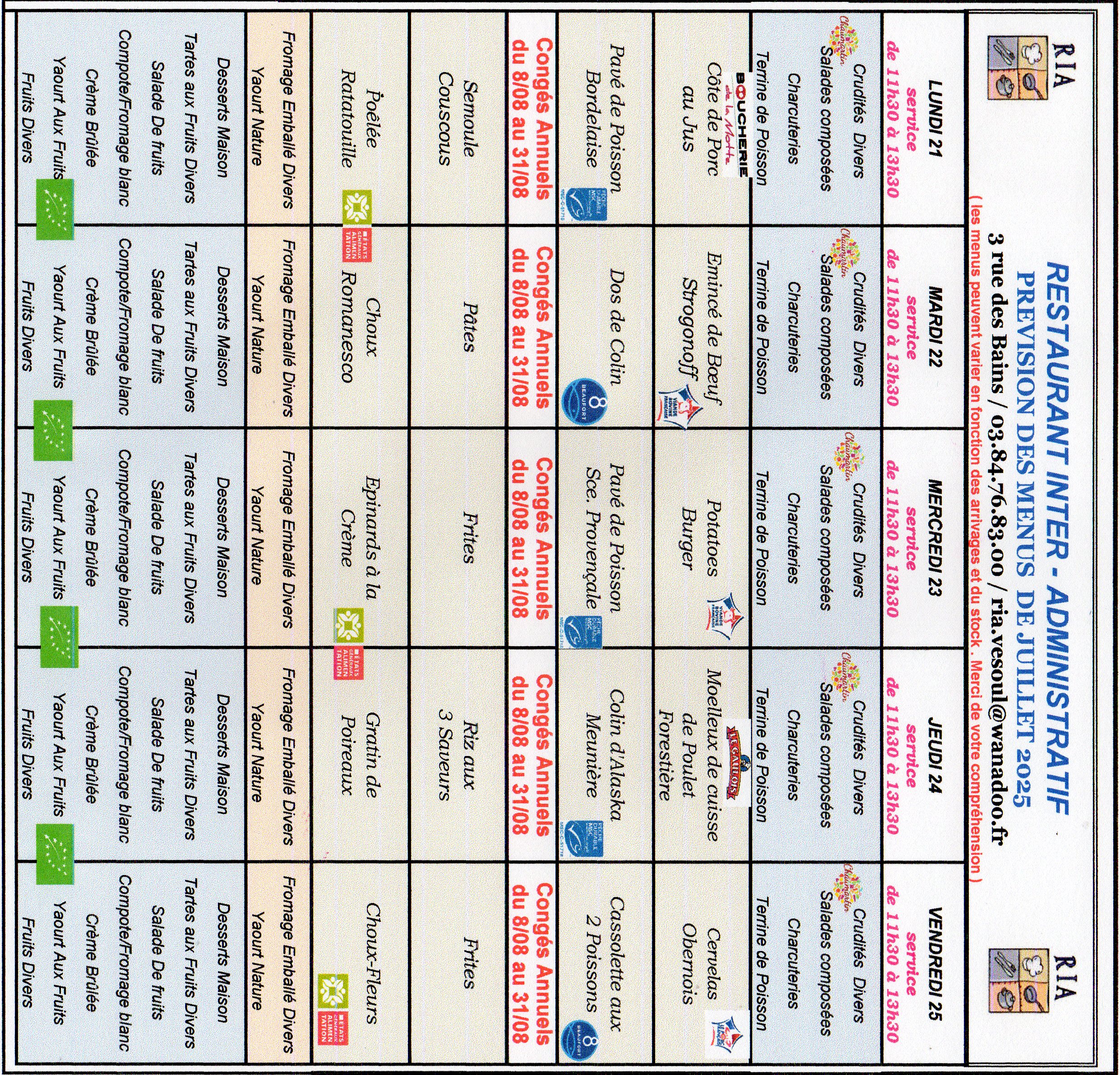 Menus JUILLET 04